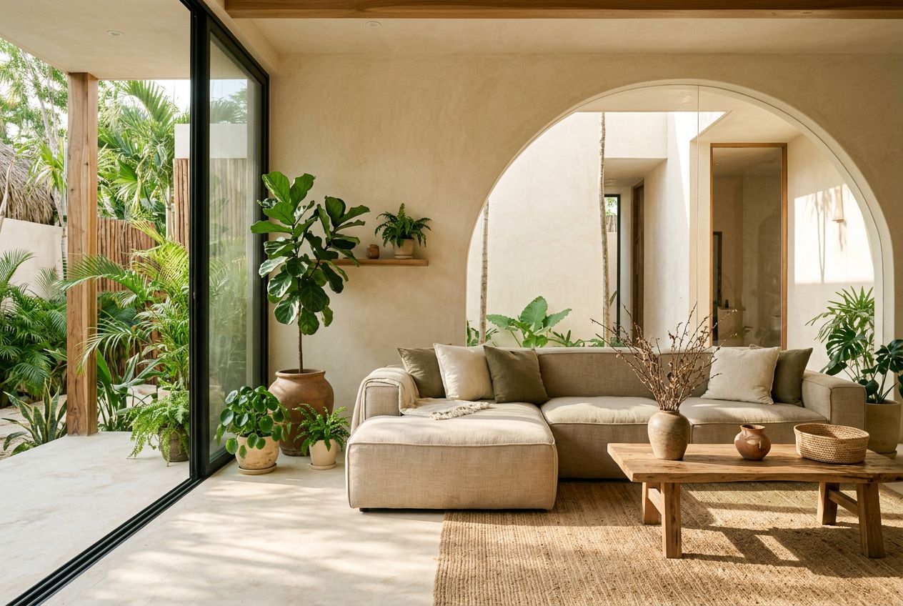 Salon moderne avec chukum comme alternative naturelle au béton ciré