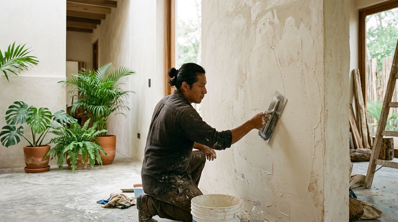 Application de chukum sur mur intérieur par artisan professionnel