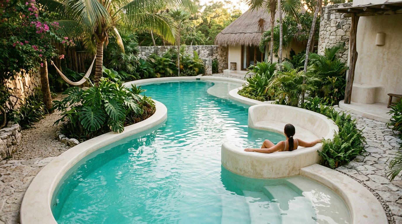 Piscine naturelle avec enduit chukum étanche résistant au chlore
