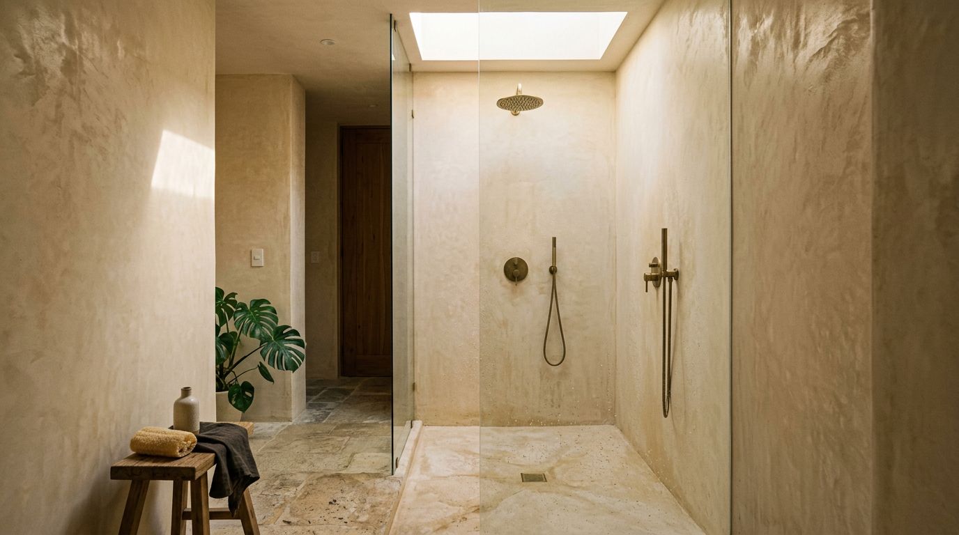 Douche italienne aux murs enduits de chukum, sans joint