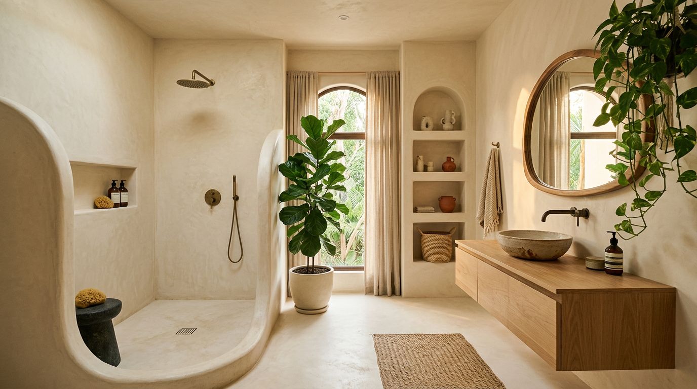 Salle de bain moderne avec enduit chukum étanche sur murs et douche