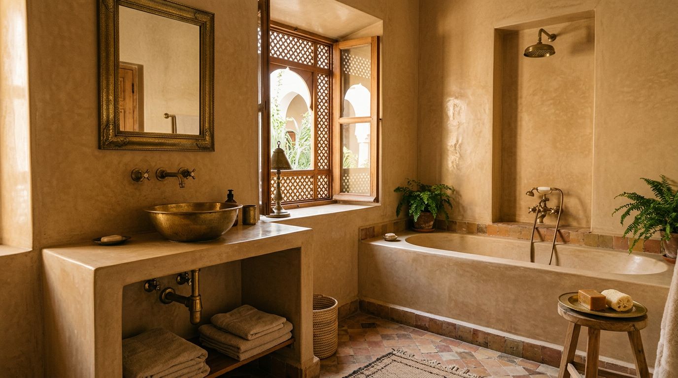 Salle de bain marocaine en tadelakt poli, teinte sable
